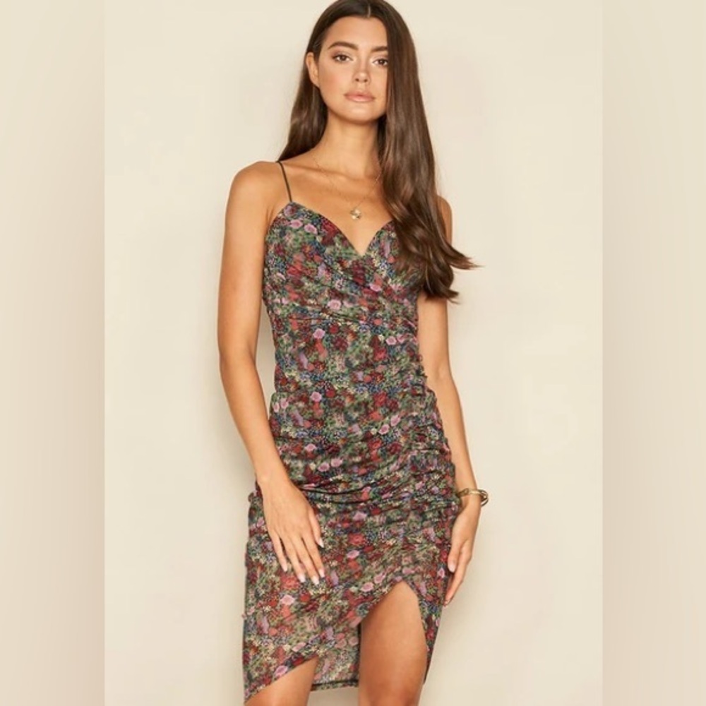 DRESS FORUM NWT Ruched Asymmetrical Floral Mini Dress in Black Size Small